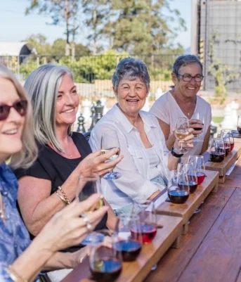 A group of women sitting at a table enjoying wine glasses during a Sunshine Coast sightseeing tour.