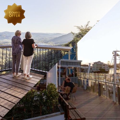 Two people standing on a deck overlooking a mountain on a Sunshine Coast sightseeing trip.