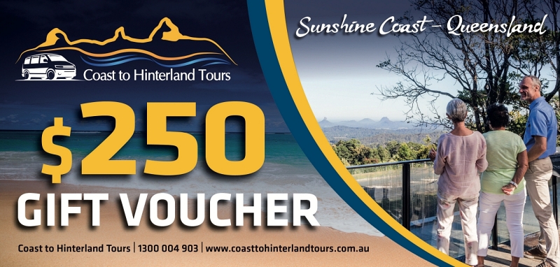 An advertisement for Coast to Hinterland Tours featuring a $250 gift voucher. The image shows three people admiring a scenic view of lush landscapes and mountain ranges in Sunshine Coast, Queensland. Contact details and website are provided.