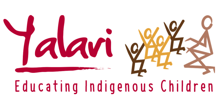 Logo for the organization Yalavi, featuring the tagline "Educating Indigenous Children." The logo includes stylized stick figures of children holding hands on the right side and the organization name in red, handwritten-style font on the left.