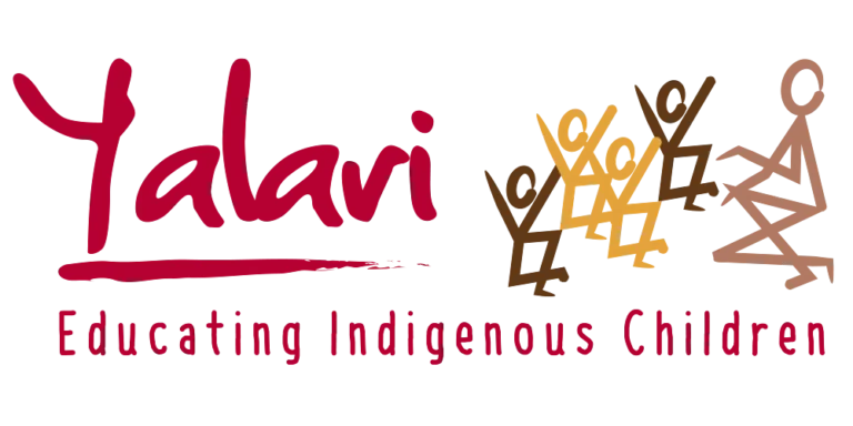 Logo for the organization Yalavi, featuring the tagline "Educating Indigenous Children." The logo includes stylized stick figures of children holding hands on the right side and the organization name in red, handwritten-style font on the left.