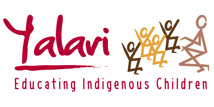 A logo with the word "Yalavi" in bold, stylized, red cursive text. Below it, the slogan "Educating Indigenous Children" is written in red. To the right, there are abstract human figures in brown and yellow, depicted in various dynamic poses.