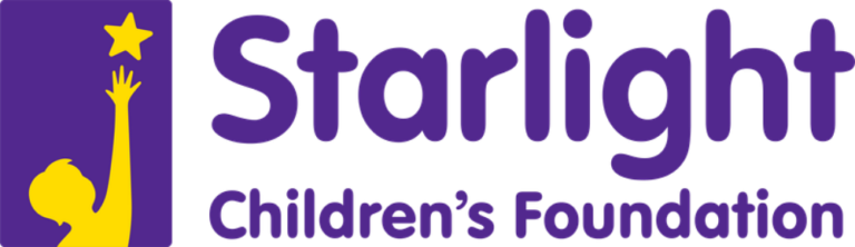 The image features the Starlight Children's Foundation logo. It shows a yellow silhouette of a child reaching for a star on the left, with "Starlight" in large purple letters and "Children's Foundation" in smaller white letters below.