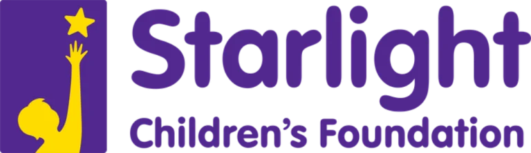 The image features the Starlight Children's Foundation logo. It shows a yellow silhouette of a child reaching for a star on the left, with "Starlight" in large purple letters and "Children's Foundation" in smaller white letters below.