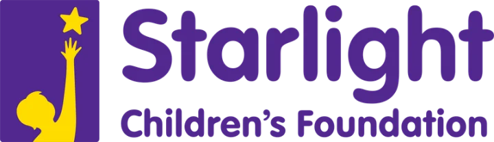 The logo for Starlight Children's Foundation features a yellow silhouette of a child reaching for a star on a purple background, accompanied by the organization name written in purple text.